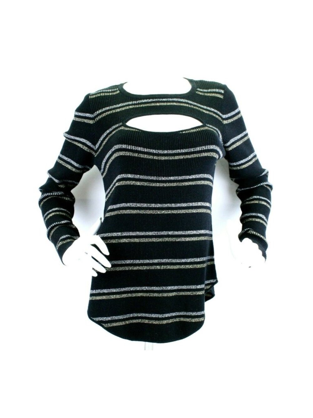 Chaser Womens Size M Sweater Cotton Lurex Ribbed Black Silver 2 Keyhole $86 Nwt